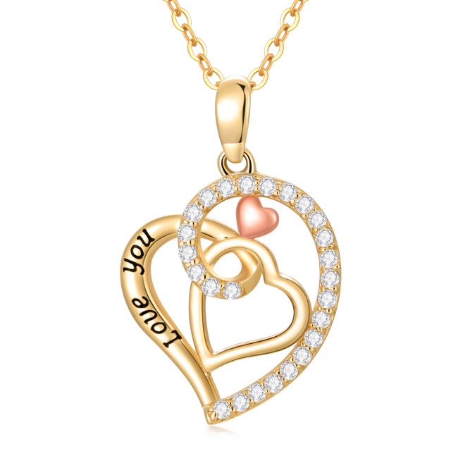 Collar Colgante Corazón Circonitas Oro 14K y Oro Rosa con Palabra Grabada-1