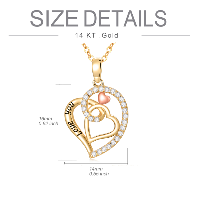 14K Gold & Rose Gold Zircon Heart Pendant Necklace with Engraved Word-5