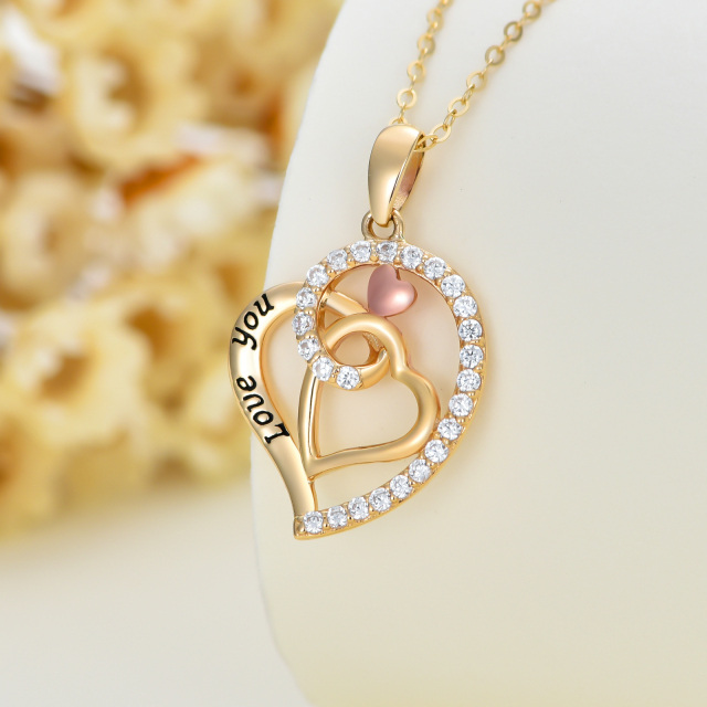 14K Gold & Rose Gold Zircon Heart Pendant Necklace with Engraved Word-3