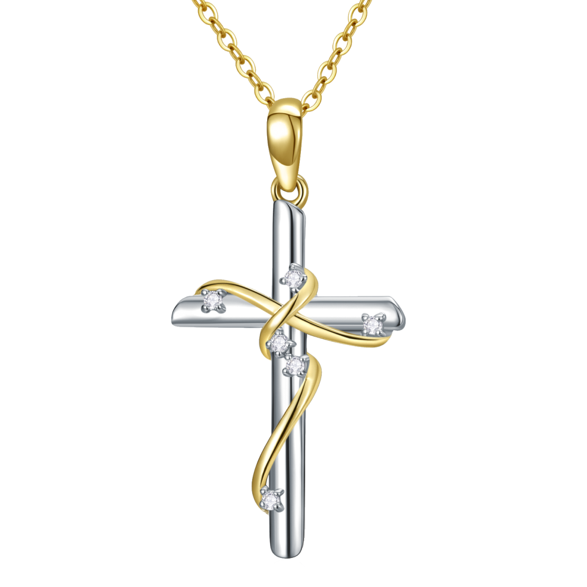 Collier avec pendentif croix en diamant de forme circulaire en or blanc 10 carats et or jaune-1