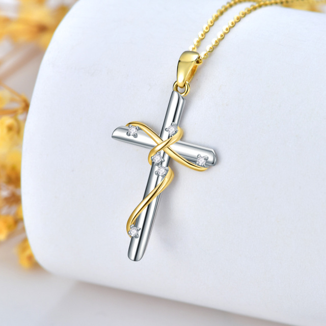 10K White Gold & Yellow Gold Circular Shaped Diamond Cross Pendant Necklace-4