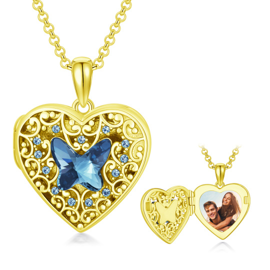 Colar com medalhão de foto personalizada com coração de borboleta de cristal banhado a ouro e prata esterlina