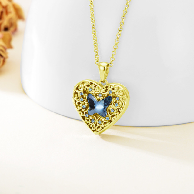 Sterling Silver with Yellow Gold Plated Crystal Butterfly & Personalized Photo & Heart Personalized Photo Locket Necklace-3