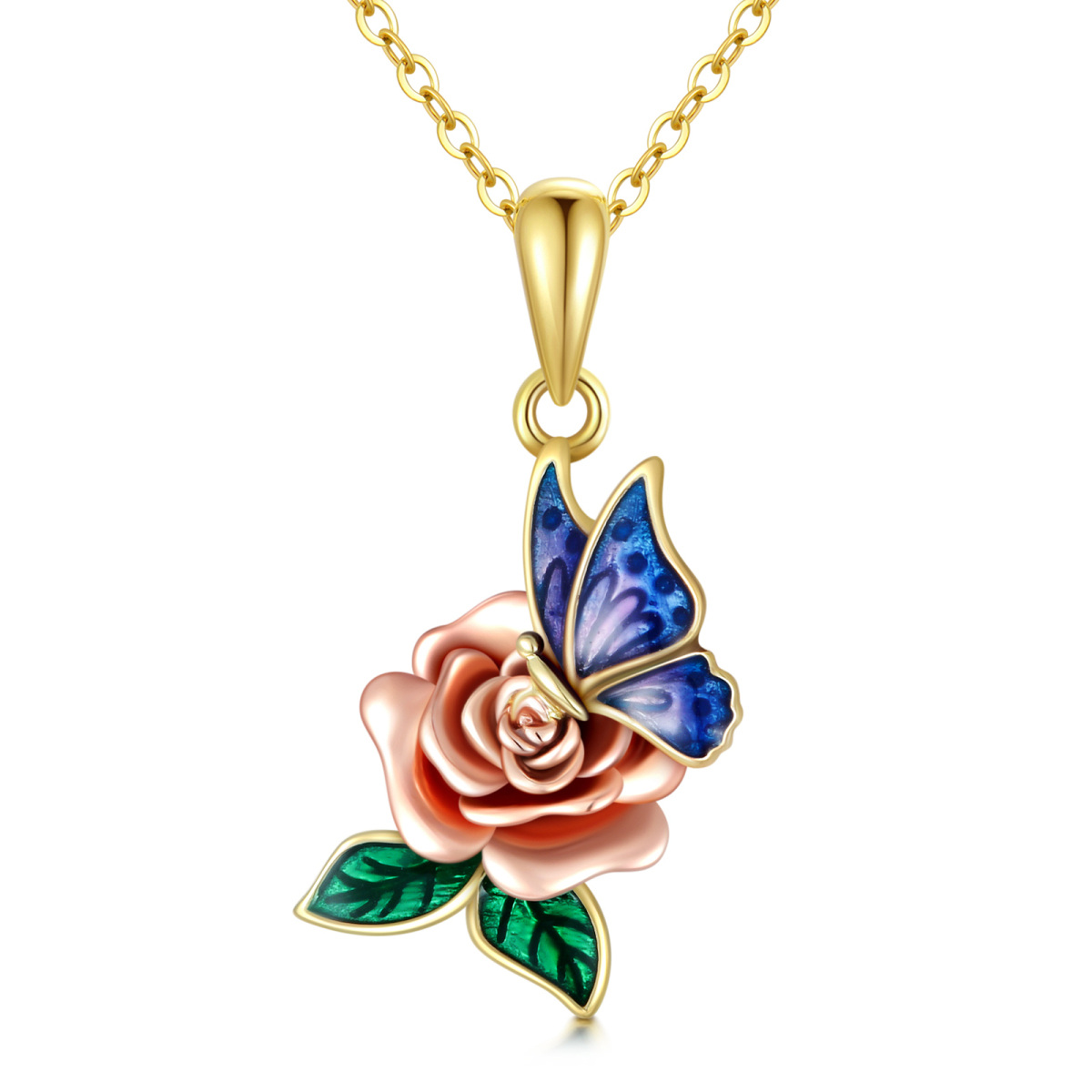 Collier pendentif papillon et rose en or et or rose 10K-1