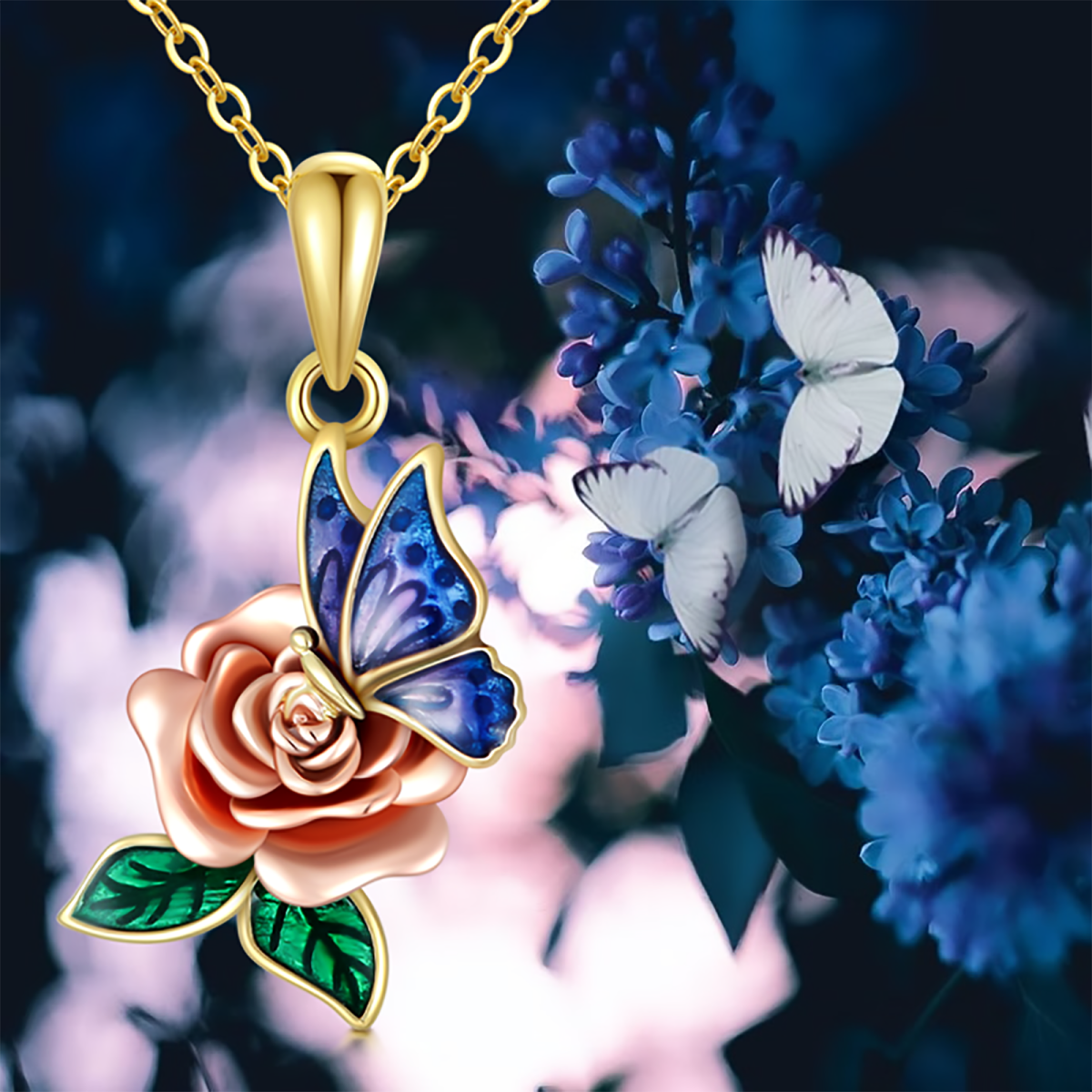 Collier pendentif papillon et rose en or et or rose 10K-6