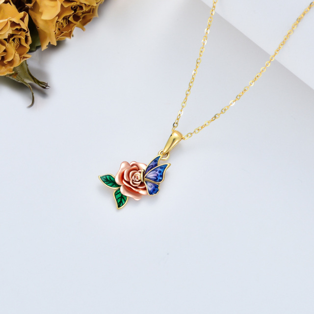 10K Gold & Rose Gold Butterfly & Rose Pendant Necklace-3