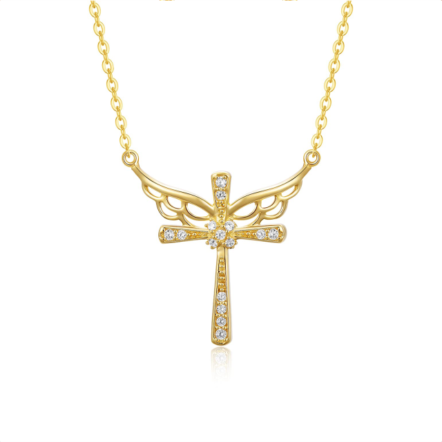 Collar de oro de 14 quilates con colgante de cruz y ala de ángel de circonita-0