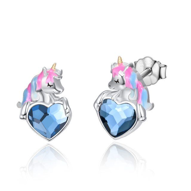 Sterling Silver Heart Shaped Crystal Unicorn Stud Earrings-1