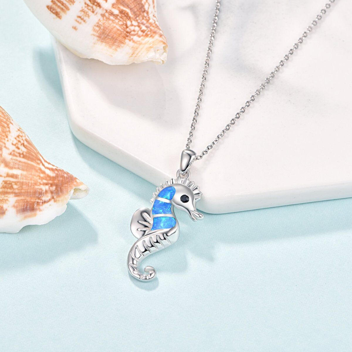 Sterling Silver Opal Seahorse Pendant Necklace-3