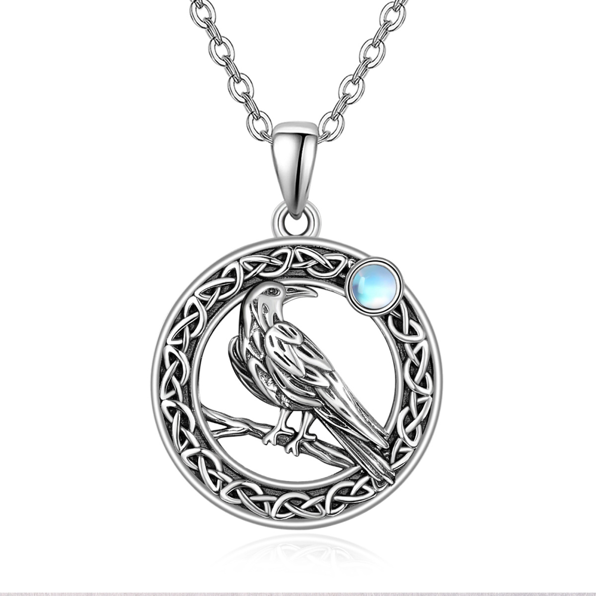 Sterling Silver Round Moonstone Bird & Celtic Knot Pendant Necklace-1