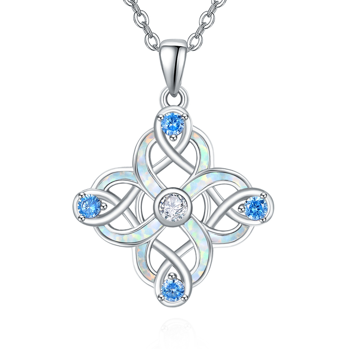 Sterling Silver Opal & Cubic Zirconia Celtic Knot Pendant Necklace-1