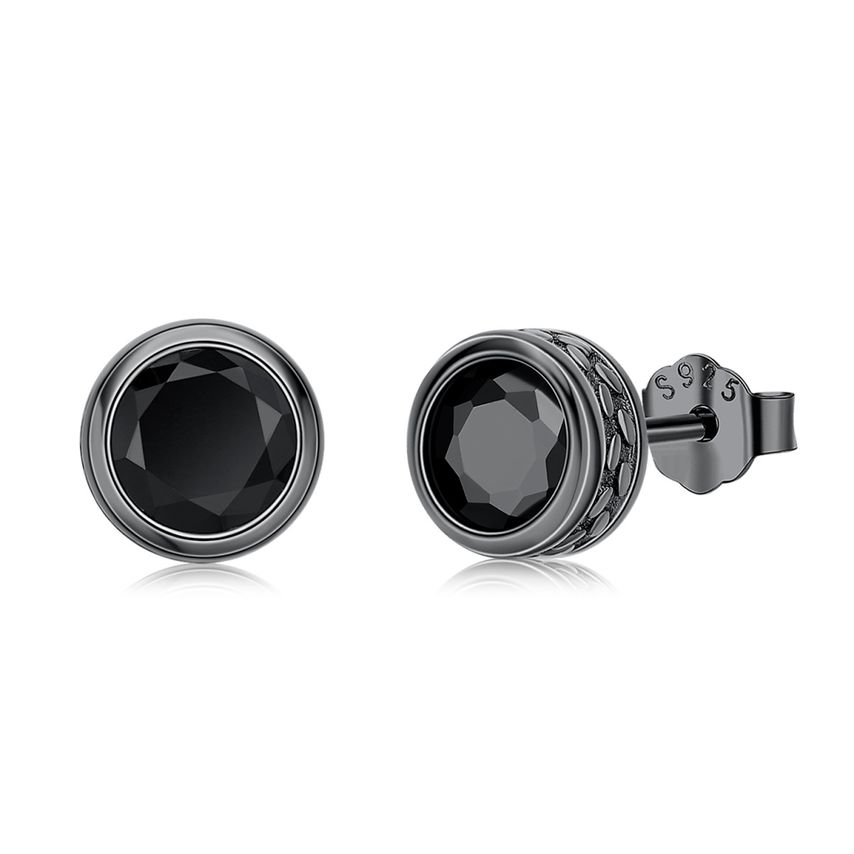 Sterling Silver with Black Plated Circular Shaped Crystal Round Stud Earrings-1