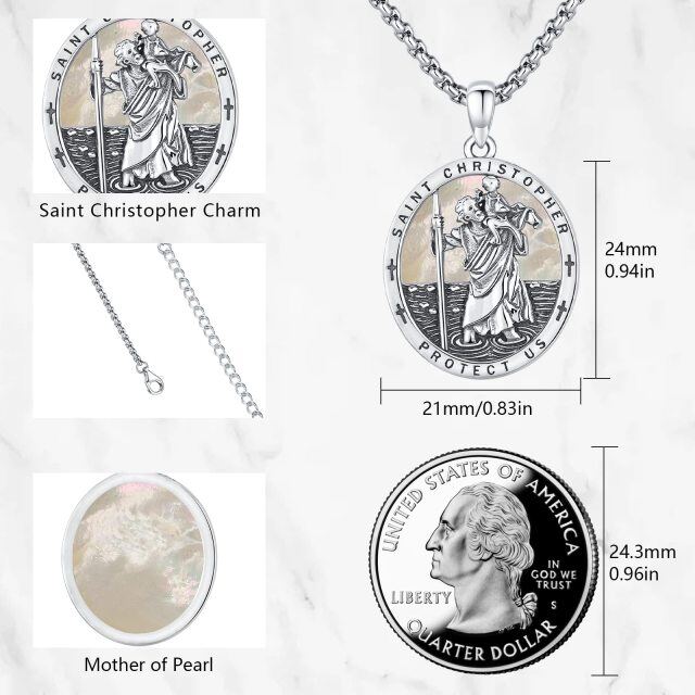 Sterling Silver Oval Shaped Mother Of Pearl Saint Christopher Pendant Necklace with Engraved Word-5