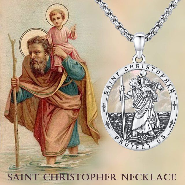 Sterling Silver Oval Shaped Mother Of Pearl Saint Christopher Pendant Necklace with Engraved Word-6
