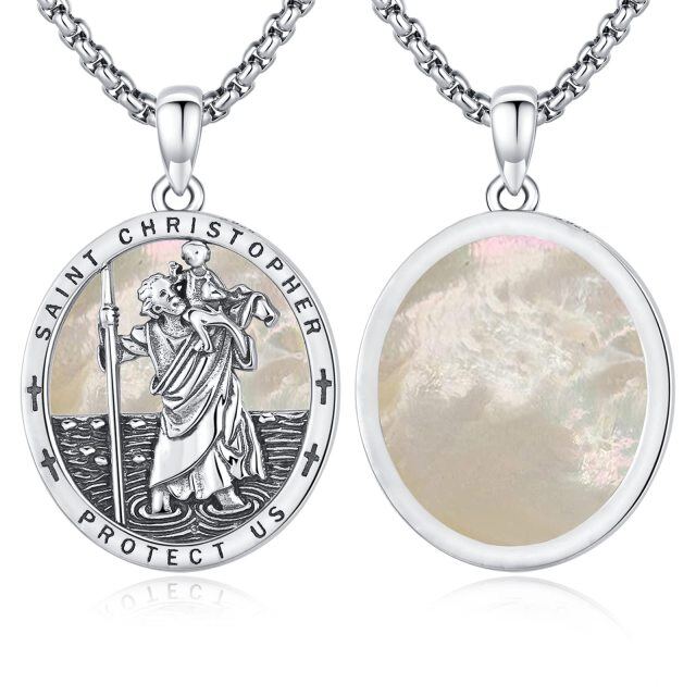 Sterling Silver Oval Shaped Mother Of Pearl Saint Christopher Pendant Necklace with Engraved Word-1