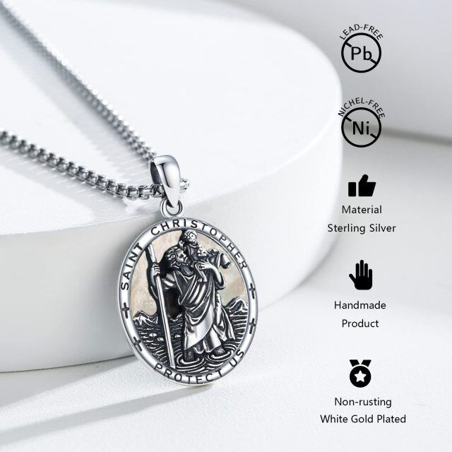 Sterling Silver Oval Shaped Mother Of Pearl Saint Christopher Pendant Necklace with Engraved Word-4