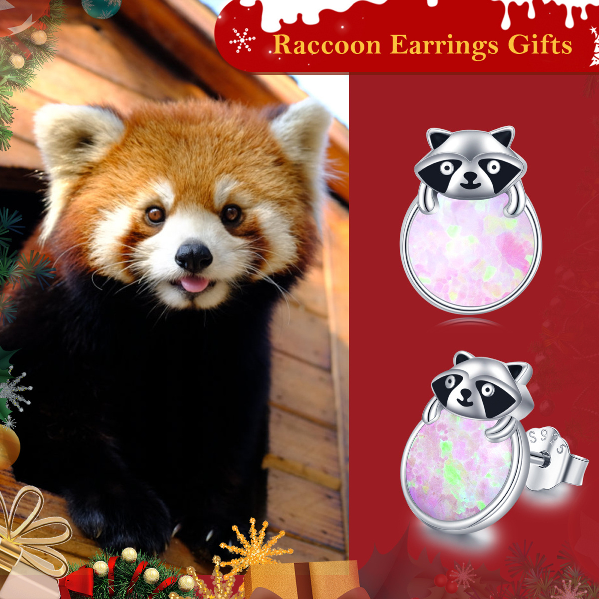 Sterling Silver Opal Raccoon Stud Earrings-7