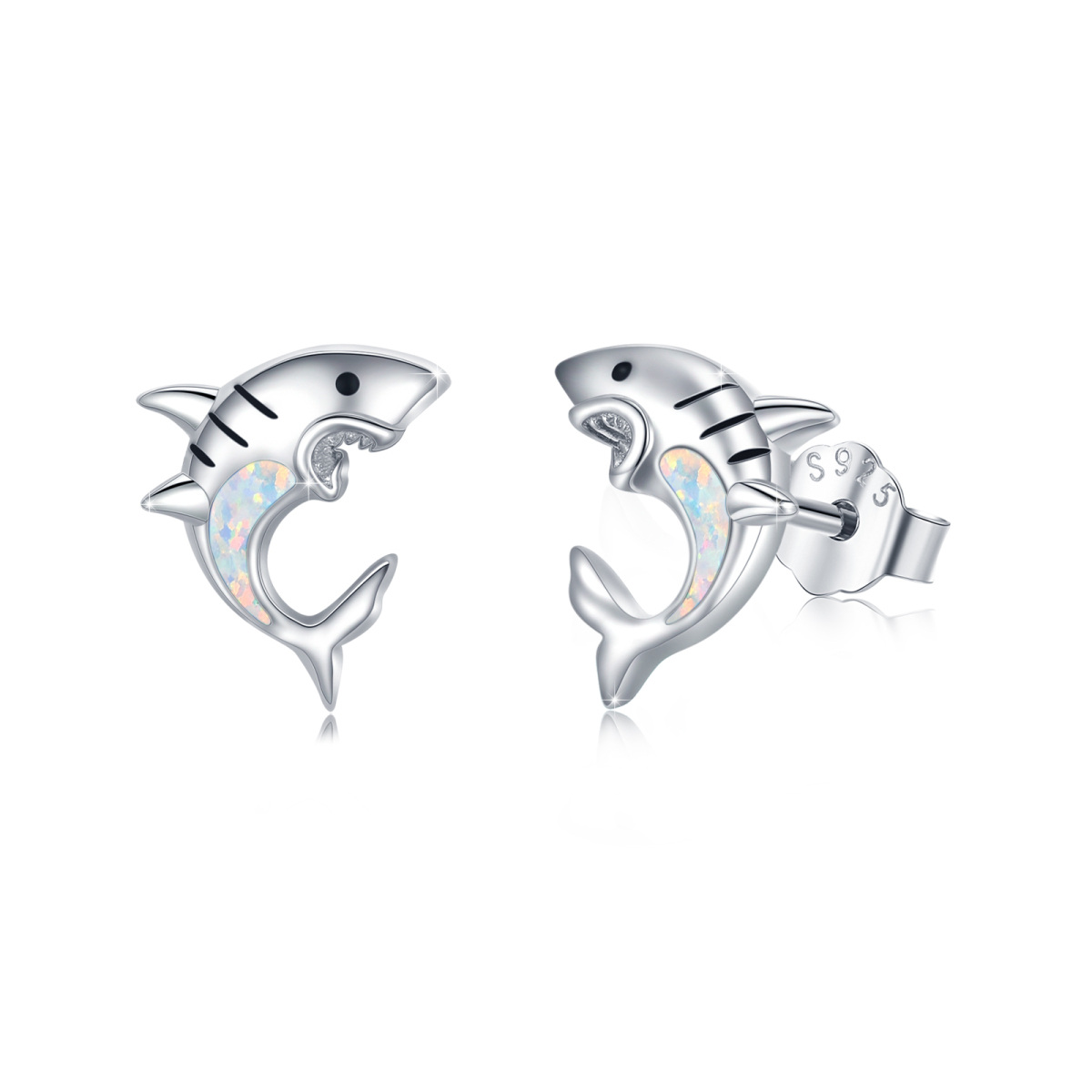 Sterling Silver Opal Shark Stud Earrings for Kids-1
