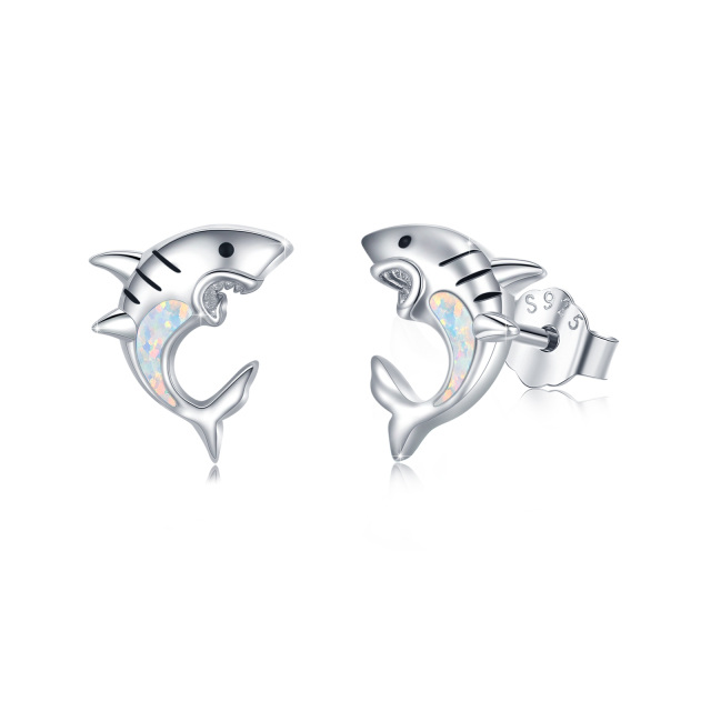 Sterling Silver Opal Shark Stud Earrings for Kids-4