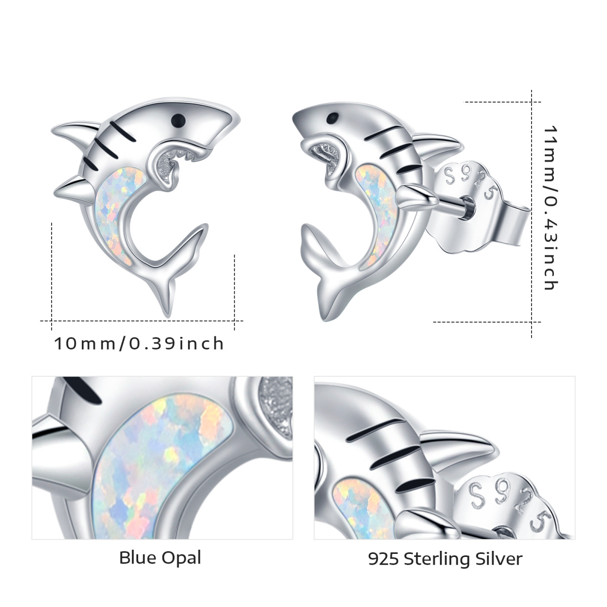 Sterling Silver Opal Shark Stud Earrings for Kids-5