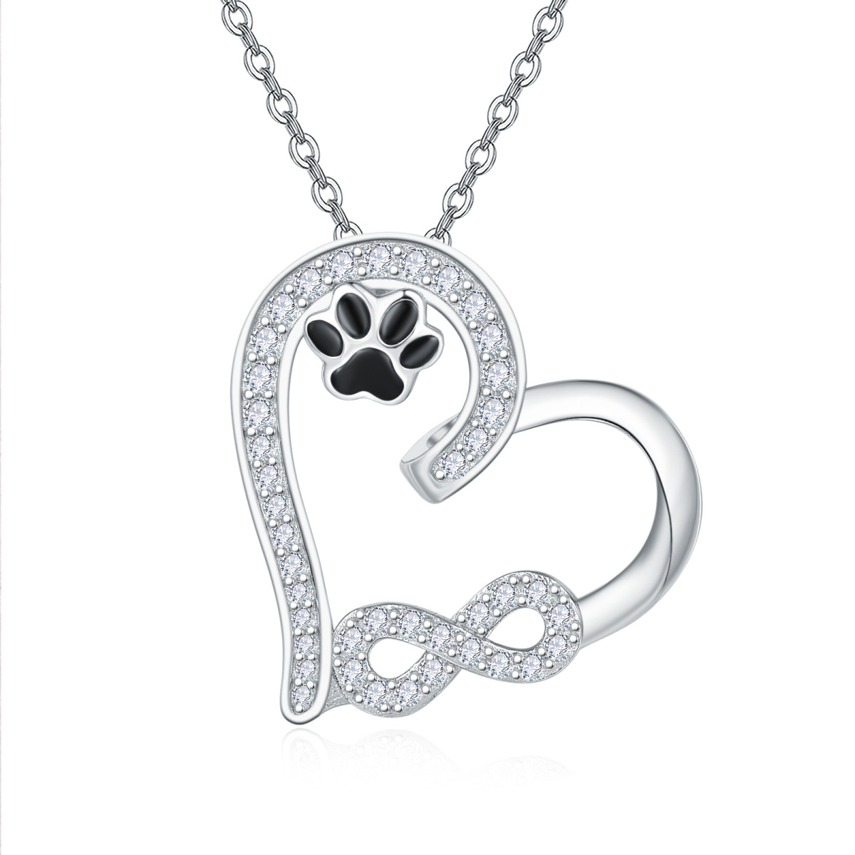 Sterling Silver Cubic Zirconia Paw & Heart & Infinity Symbol Pendant Necklace-1
