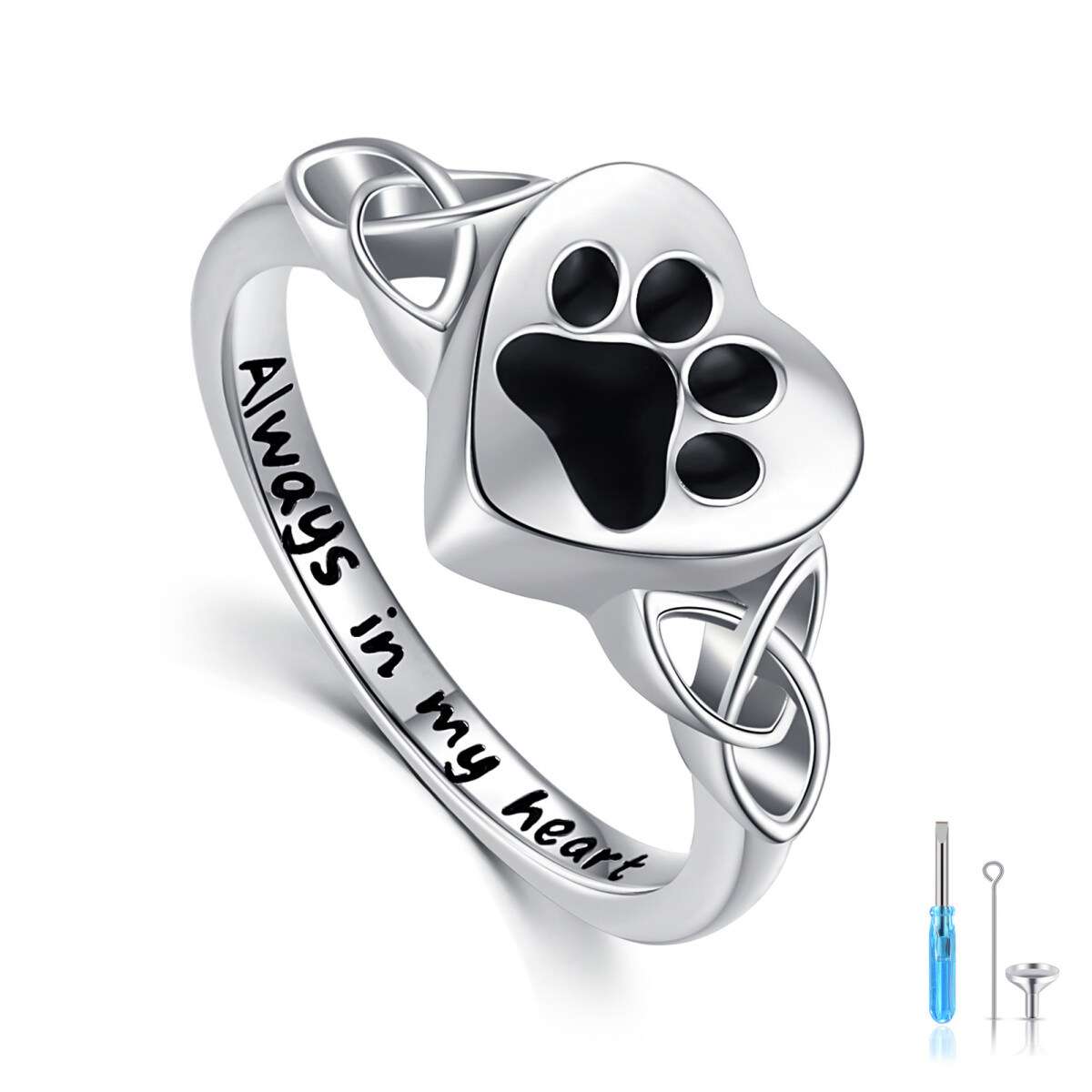 Sterling Silver Paw & Celtic Knot & Heart Urn Ring with Engraved Word-1