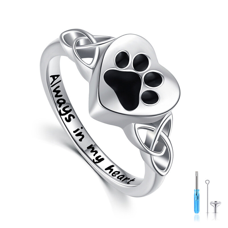 Sterling Silver Paw & Celtic Knot & Heart Urn Ring with Engraved Word