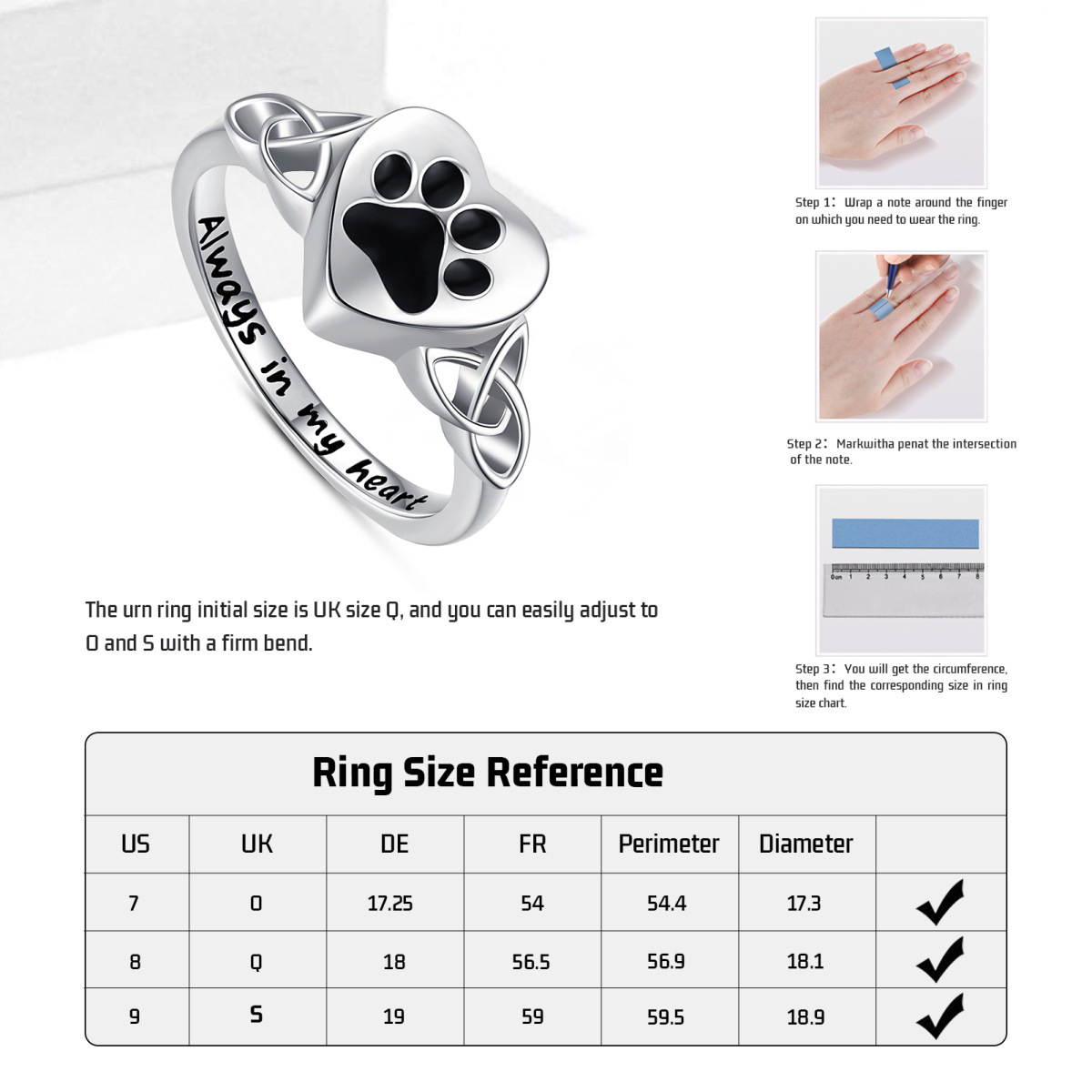 Sterling Silver Paw & Celtic Knot & Heart Urn Ring with Engraved Word-7