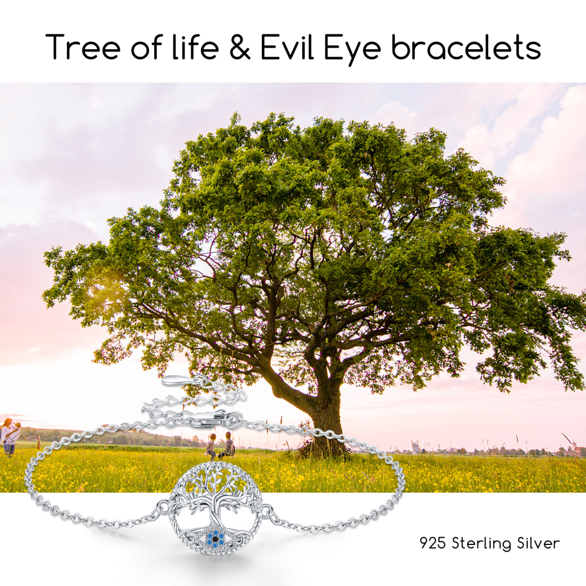 Sterling Silver Circular Shaped Cubic Zirconia Tree Of Life Pendant Bracelet-7