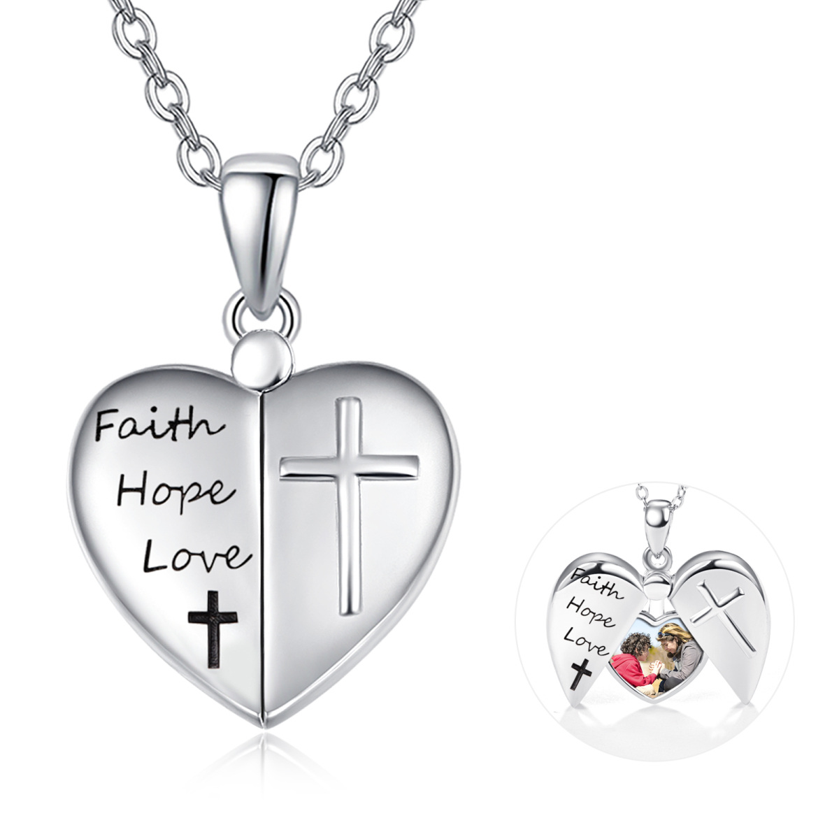 Sterling Silber Herz personalisierte Foto Medaillon Halskette eingraviert Glaube Hoffnung Liebe-1