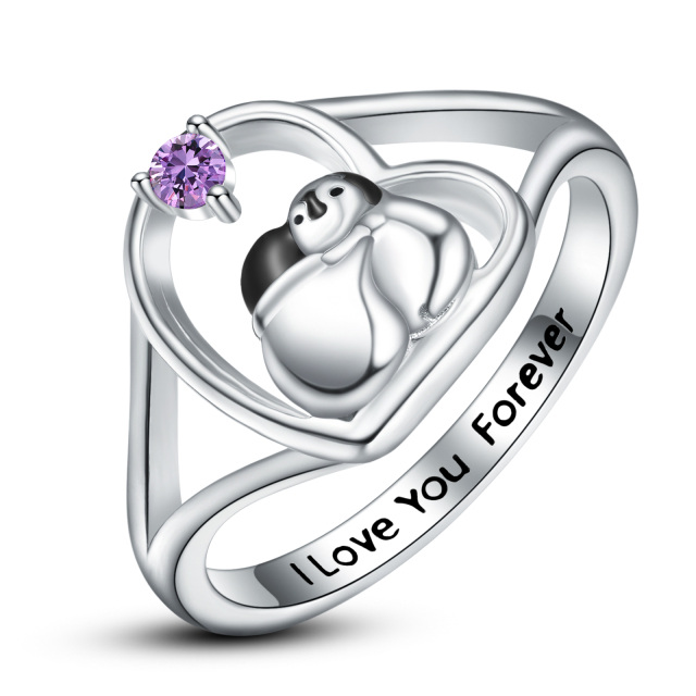 Anel de coração de pinguim prateado com anel aberto ajustável para mulheres-0