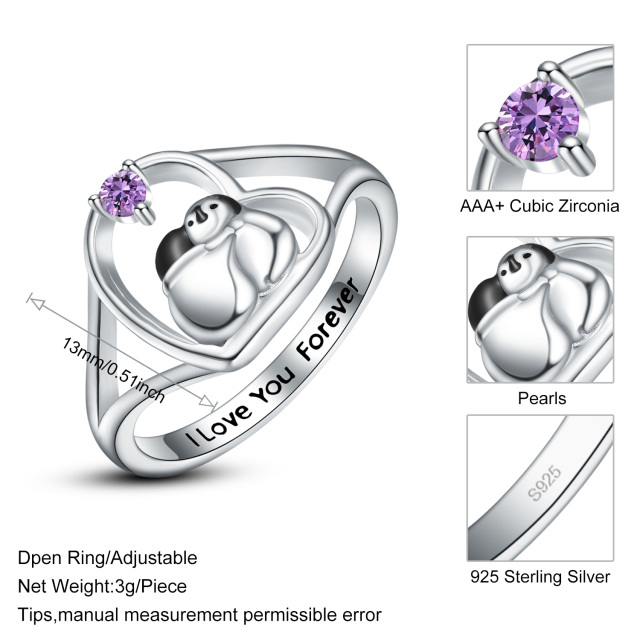 Anel de coração de pinguim prateado com anel aberto ajustável para mulheres-3
