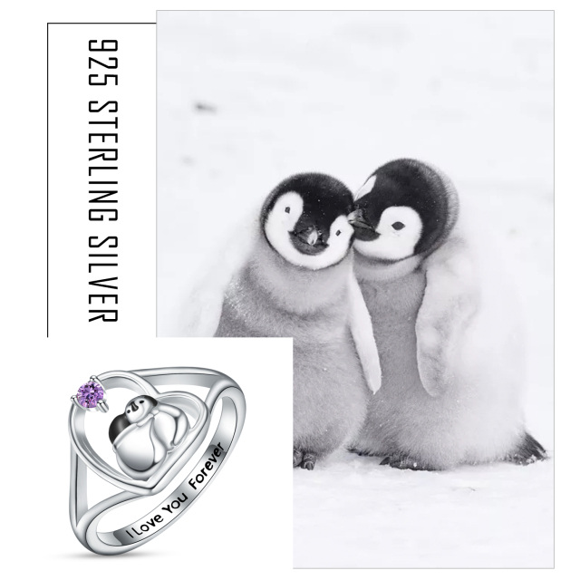 Anel de coração de pinguim prateado com anel aberto ajustável para mulheres-4