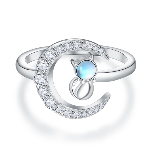 Bague ouverte en argent sterling avec chat et lune en pierre de lune de forme circulaire