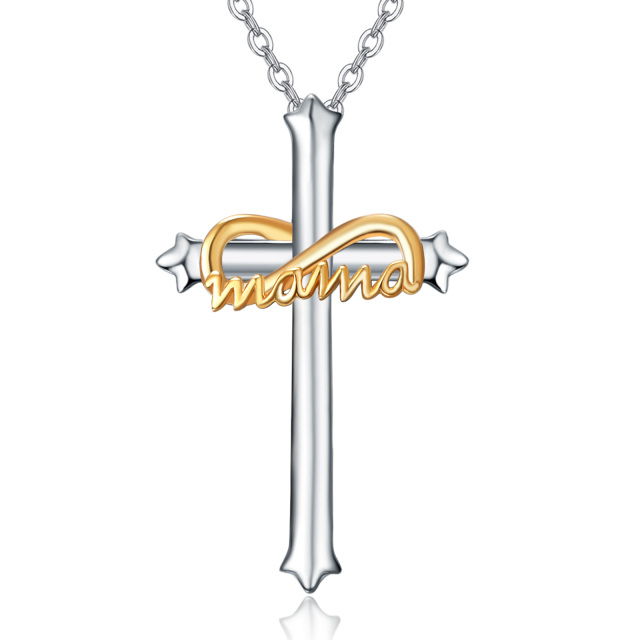 Sterling Silver Two-tone Cross Pendant Necklace with Engraved Word-0