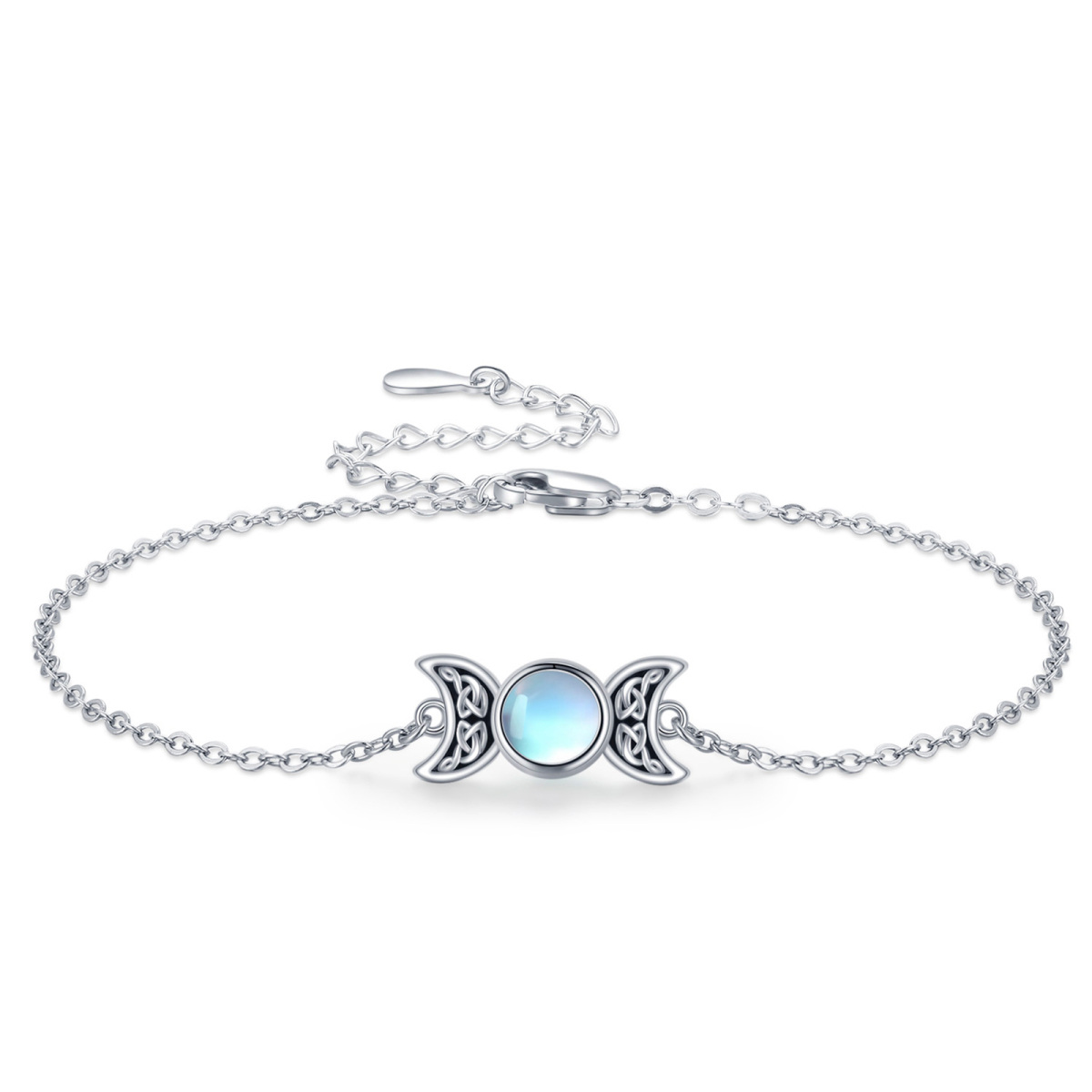 Sterling Silver Round Moonstone Celtic Knot & Triple Moon Goddess Pendant Bracelet-1