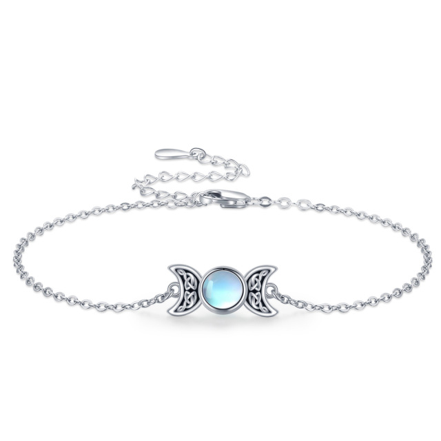 Sterling Silver Round Moonstone Celtic Knot & Triple Moon Goddess Pendant Bracelet-0