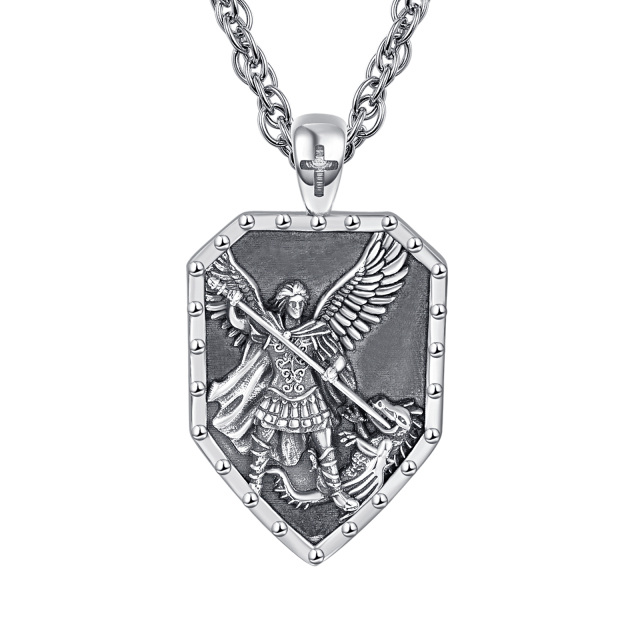 Sterling Silver Saint Michael Pendant Necklace with Engraved Word for Men-1