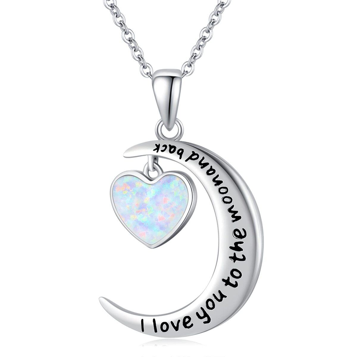 Sterling Silver Heart Shaped Opal Moon Pendant Necklace with Engraved Word-1