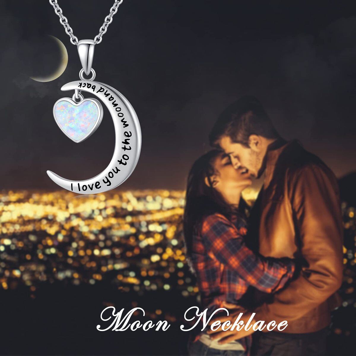 Sterling Silver Heart Shaped Opal Moon Pendant Necklace with Engraved Word-6