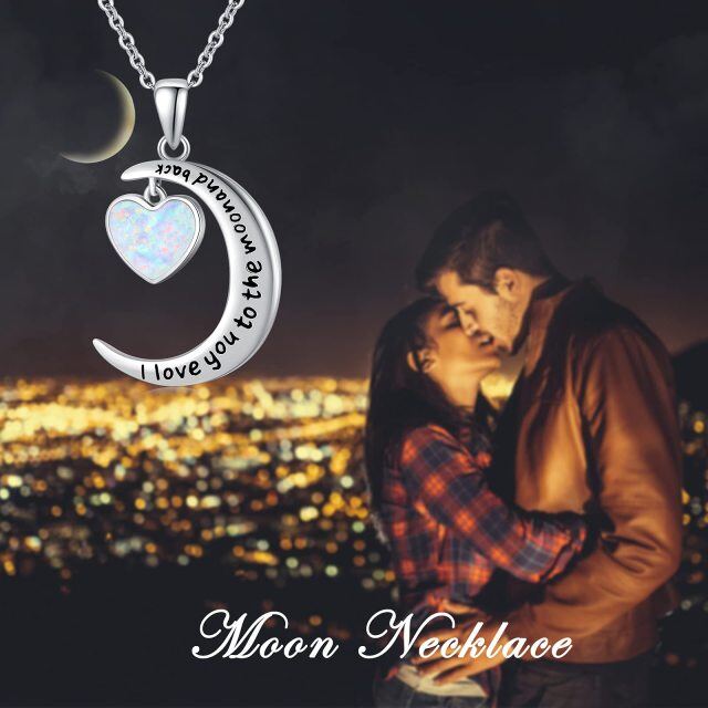 Sterling Silver Heart Shaped Opal Moon Pendant Necklace with Engraved Word-5