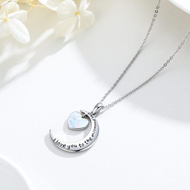Sterling Silver Heart Shaped Opal Moon Pendant Necklace with Engraved Word-3