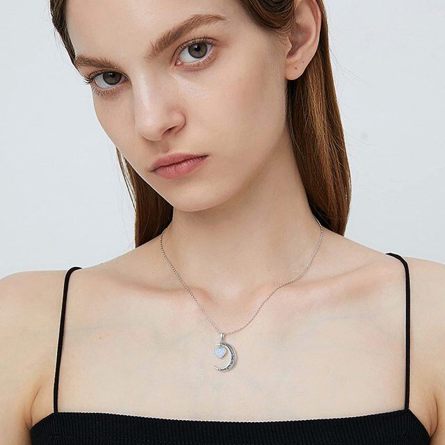 Sterling Silver Heart Shaped Opal Moon Pendant Necklace with Engraved Word-2