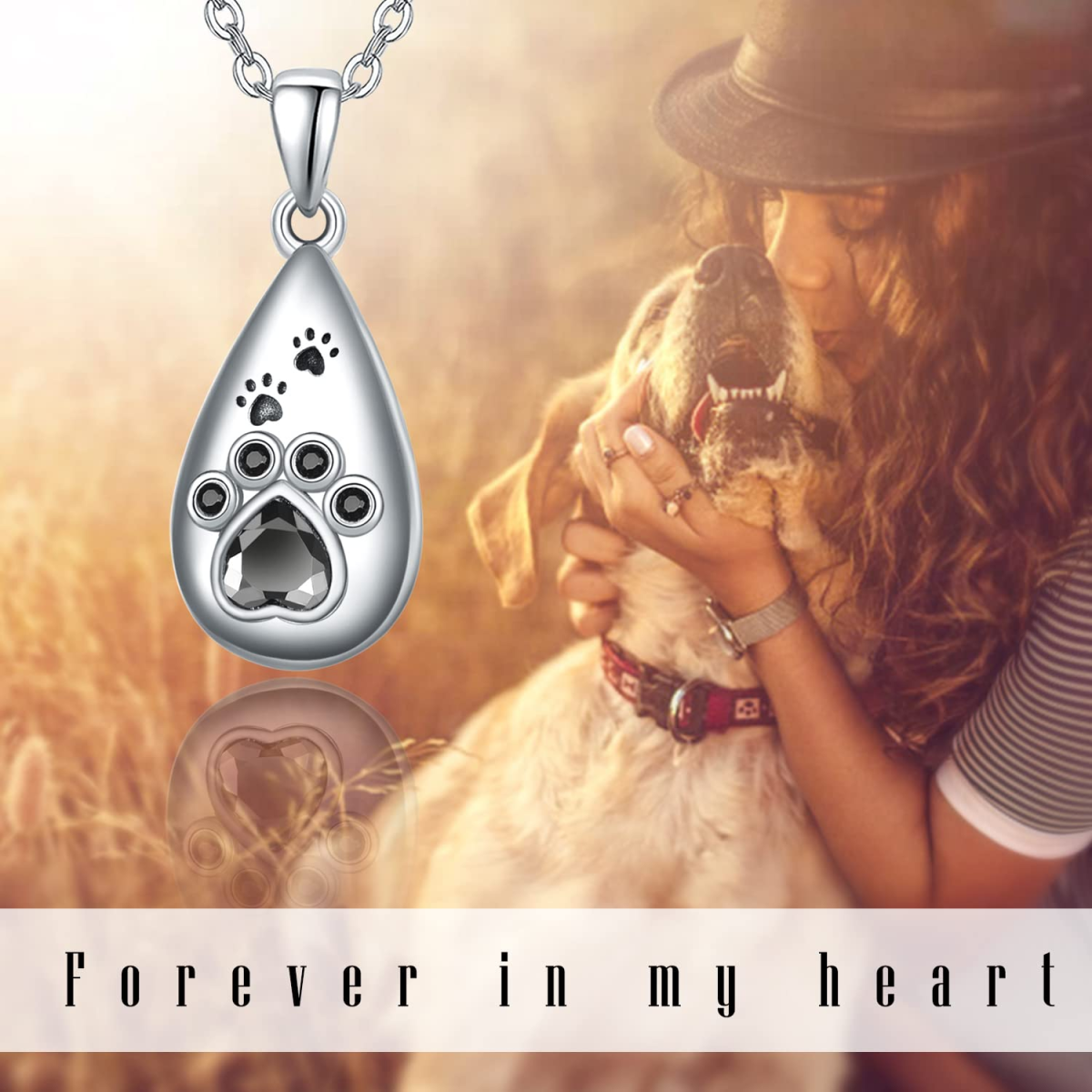 Sterling Silver Heart Shaped Cubic Zirconia Paw & Drop Shape & Heart Urn Necklace for Ashes-6