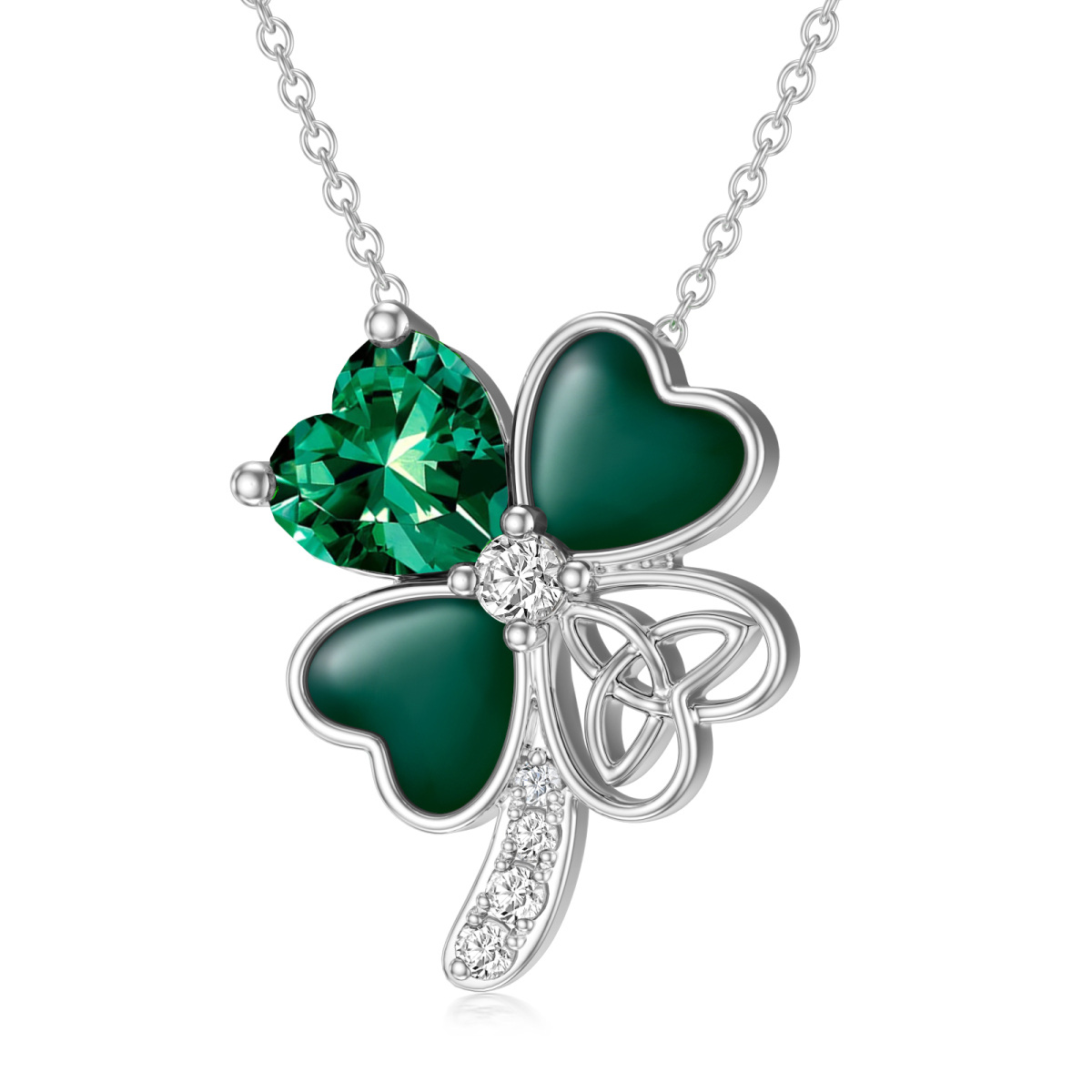 Sterling Silver Cubic Zirconia Four-leaf Clover Pendant Necklace-1