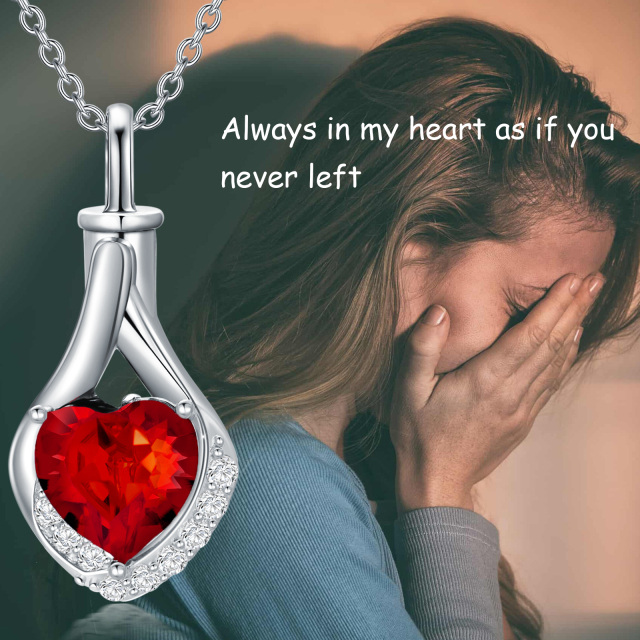 Sterling Silver Garmet Crystal Heart Urn Necklace for Ashes-5