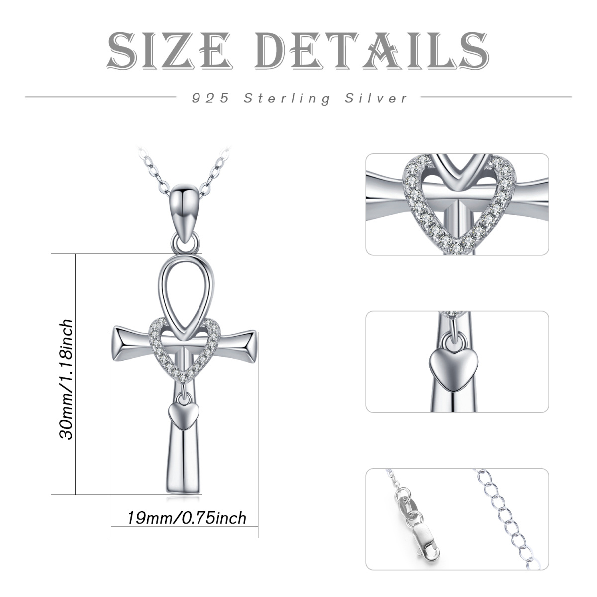 Sterling Silber kreisförmig Cubic Zirkonia Ankh & Herz-Anhänger Halskette-4