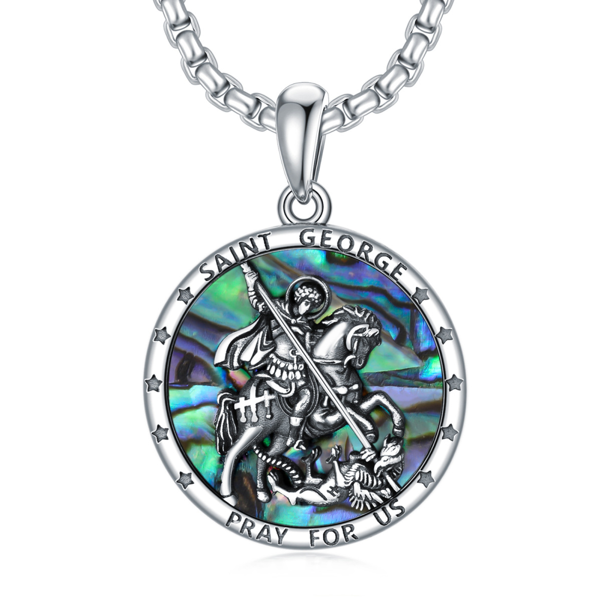 Sterling Silver Circular Shaped Abalone Shellfish Saint George Pendant Necklace with Engraved Word for Men-1