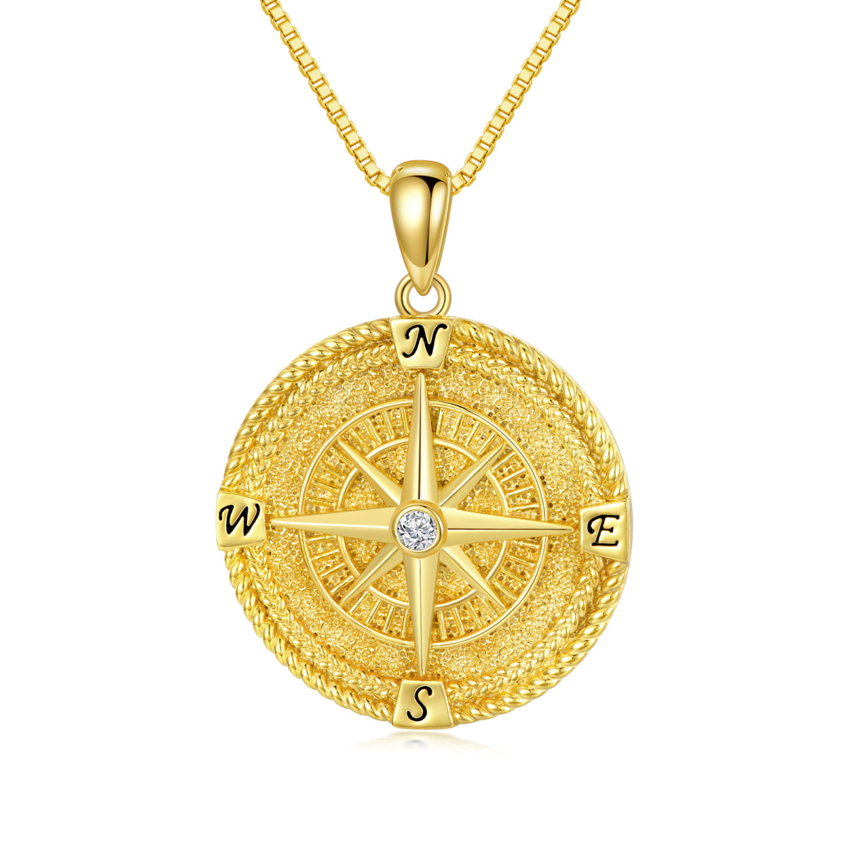 Sterling Silver with Yellow Gold Plated Circular Shaped Cubic Zirconia Compass Pendant Necklace with Initial Letter E & with Initial Letter N & with Initial Letter S & with Initial Letter W-1