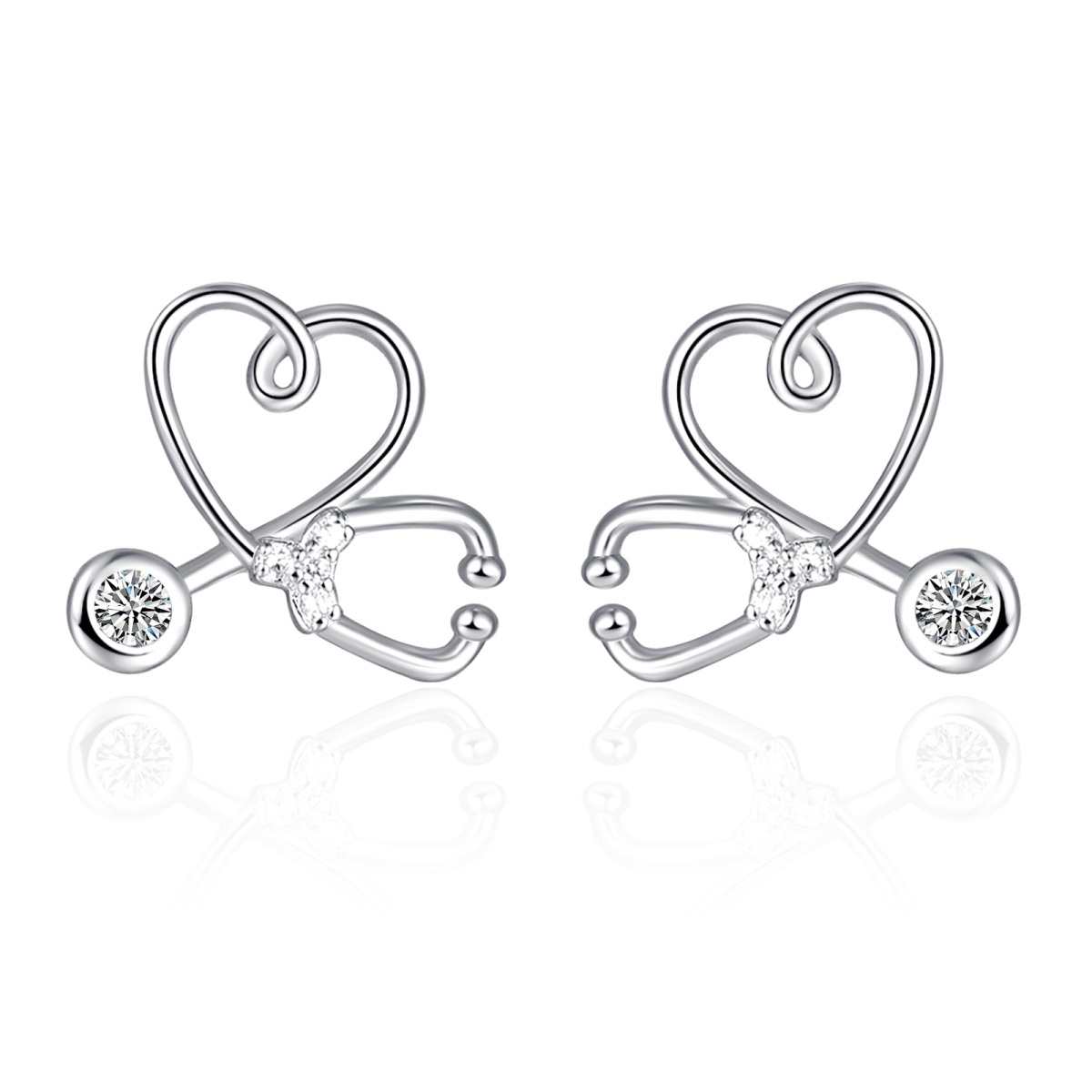 Sterling Silver Circular Shaped Cubic Zirconia Stethoscope Stud Earrings-1